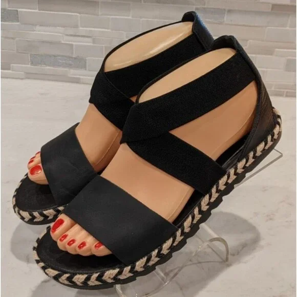 Women's SOREL Ella II Black Leather Criss Cross Sandals SZ 7 - Picture 2 of 10